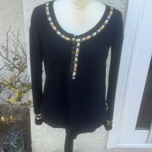 Free People Rainbow Black Thermal Henley Top Size S